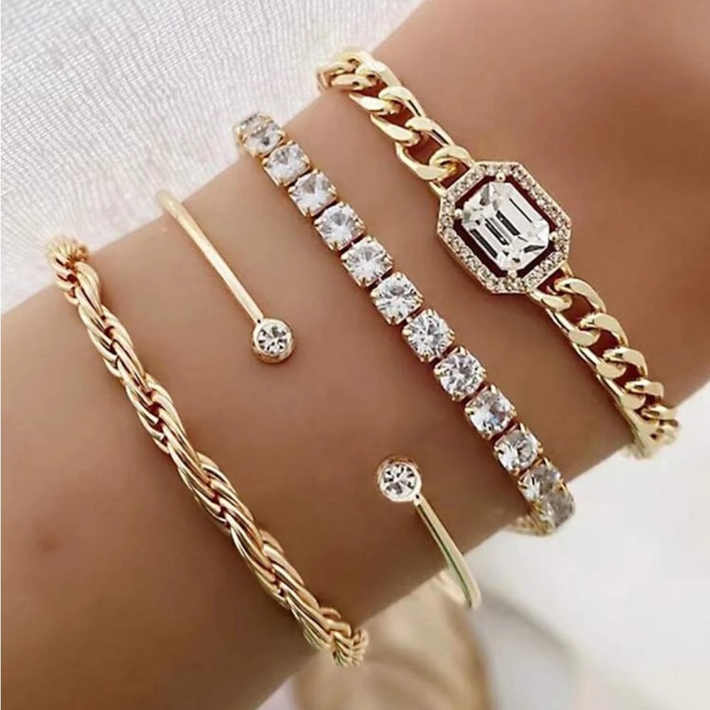 Gold Bracelet Set with Chain Bangle and Tennis Styles